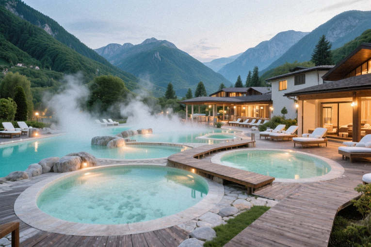 Imagine panoramică a unei stațiuni termale din România, cu piscine în aer liber și peisaje montane