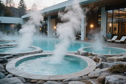 Piscine termale exterioare la Felix Spa, cu aburi ridicându-se deasupra apei