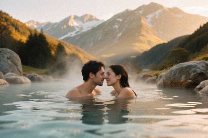Cuplu relaxându-se într-un bazin termal, înconjurați de peisaje montane