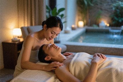Imagine cu o persoană care se bucură de un tratament spa, sugerând relaxare și bunăstare