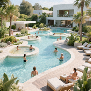 Imagine cu piscinele termale exterioare de la Felix Spa, înconjurate de verdeață